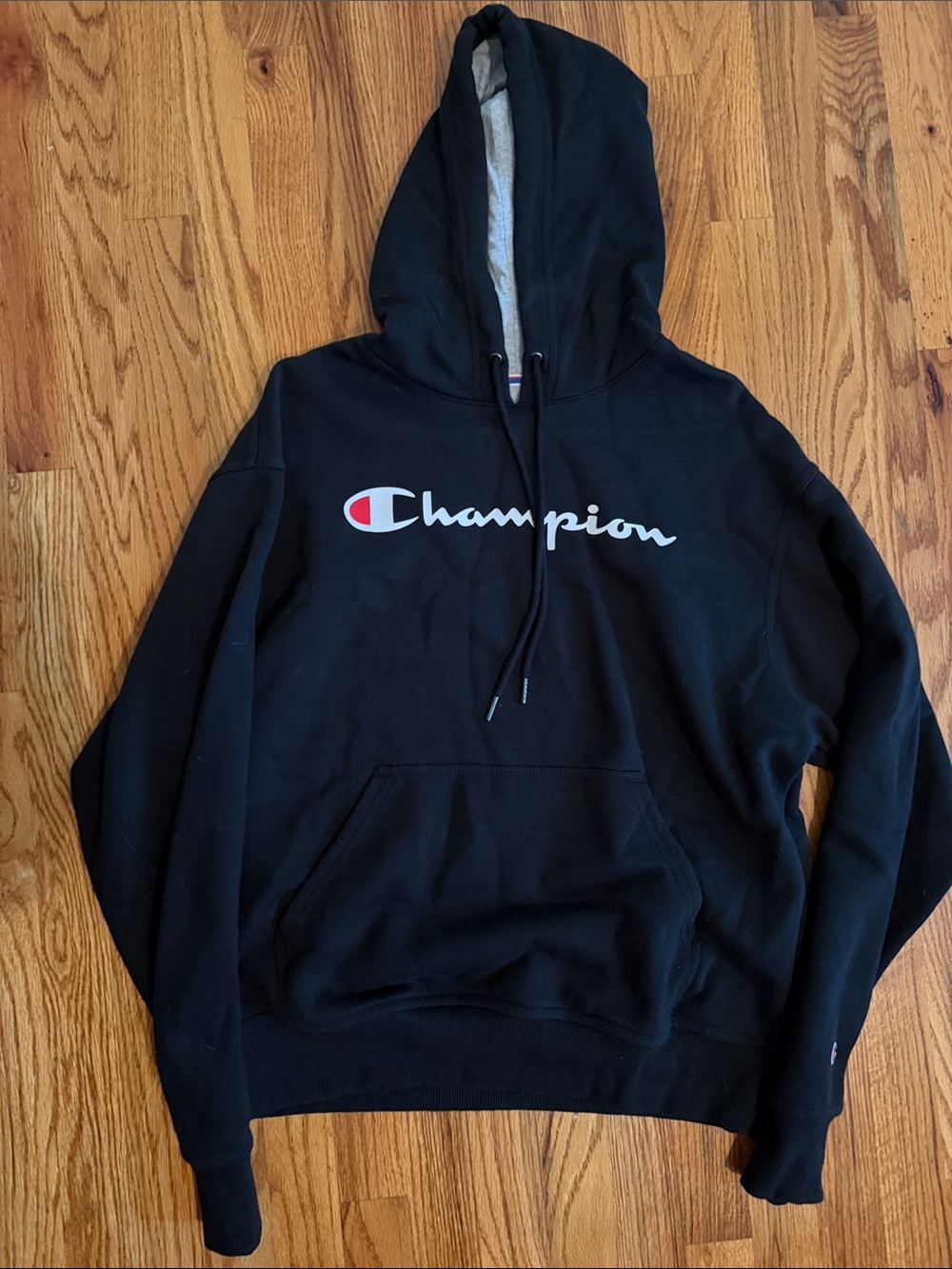 Champion Black Crewneck Logo Hoodie with Red Accent Medium M